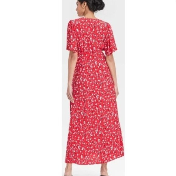 A New Day Red Floral with White Pink Black Maxi Midi Flutter Dress NWT 24 - Picture 2 of 2